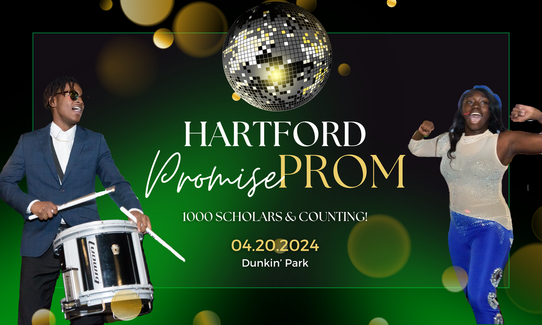 Hartford Promise PROM image with neon lighting on black background, featuring Hartford students playing drums and dancing